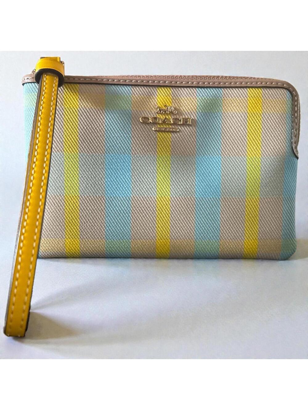 Coach Corner Zip Wristlet Yellow Blue Striped Plaid Coated Canvas Gold Hardware